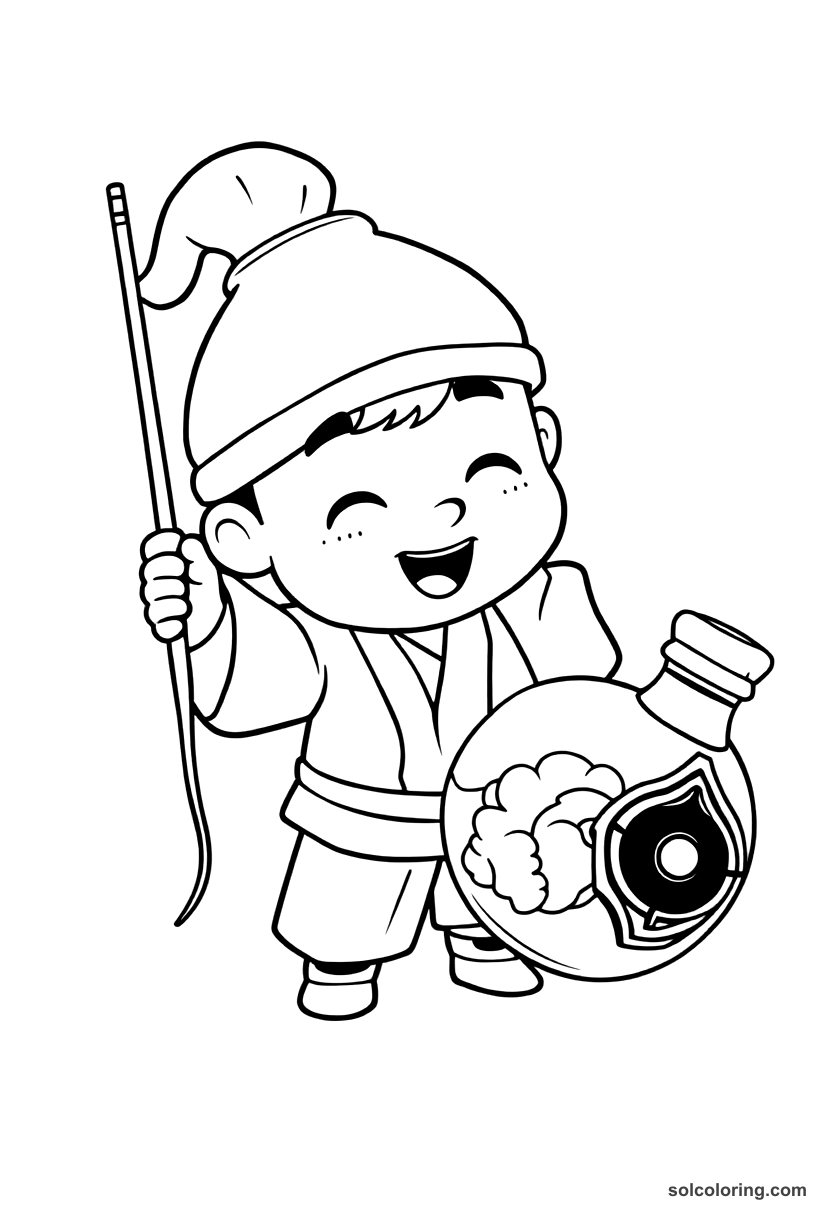 Chibi The fisherman releasing the genie from a sealed bottle coloring page, free printable chibi style