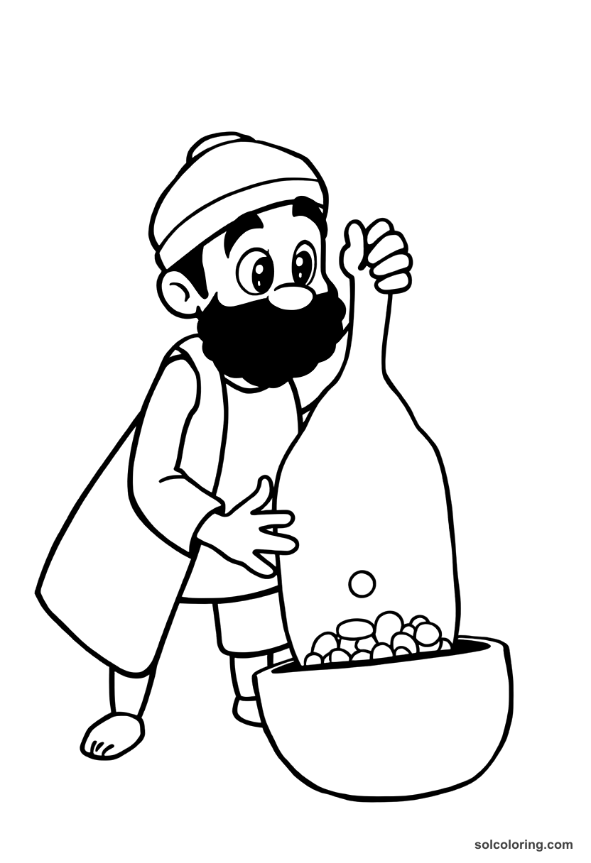 Cute Cartoon The fisherman releasing the genie from a sealed bottle coloring page, free printable cute cartoon style