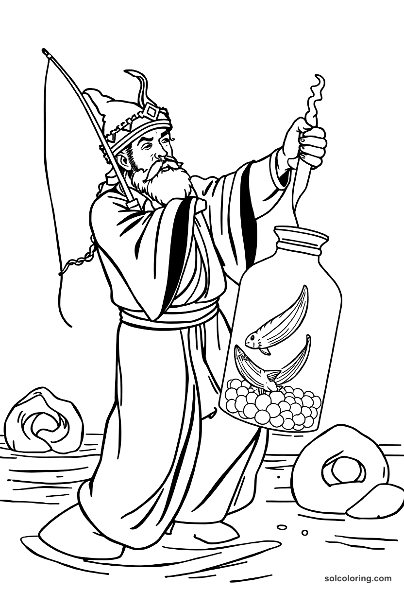 The fisherman releasing the genie from a sealed bottle coloring page, free printable detailed style