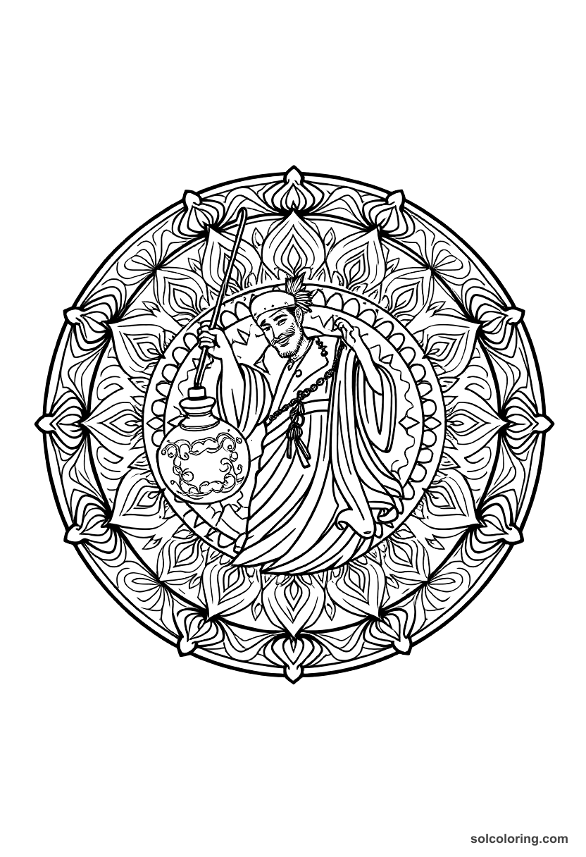 Mandala The fisherman releasing the genie from a sealed bottle coloring page, free printable mandala style