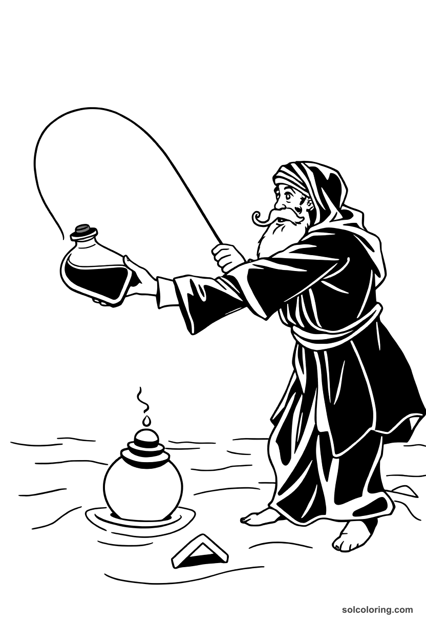 The Fisherman Releasing The Genie From A Sealed Bottle coloring pages