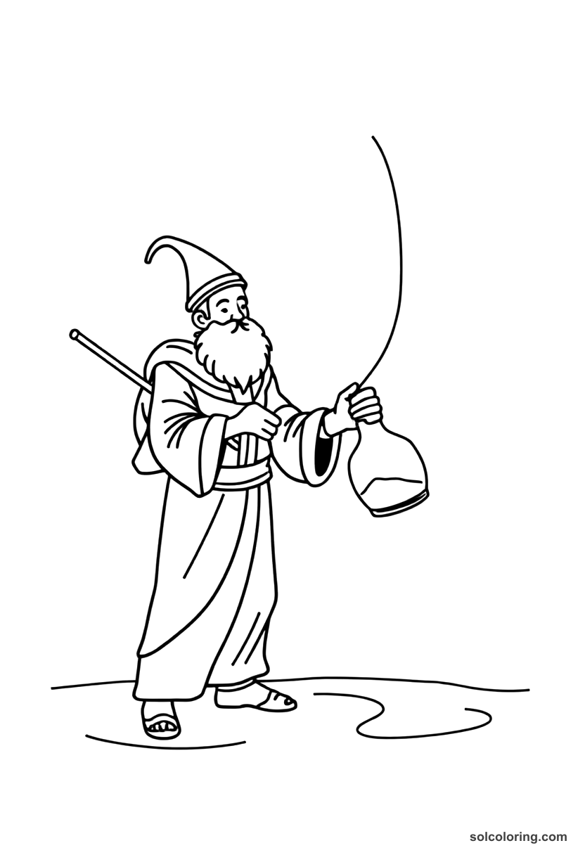 Simple The fisherman releasing the genie from a sealed bottle coloring page, free printable simple style