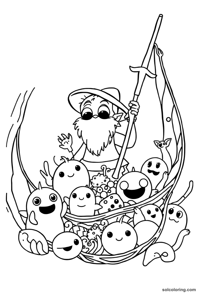 Cute Cartoon The fisherman's net full of strange and magical creatures coloring page, free printable cute cartoon style