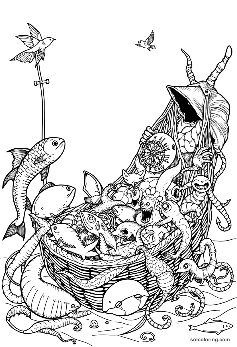The fisherman's net full of strange and magical creatures coloring page, free printable detailed style
