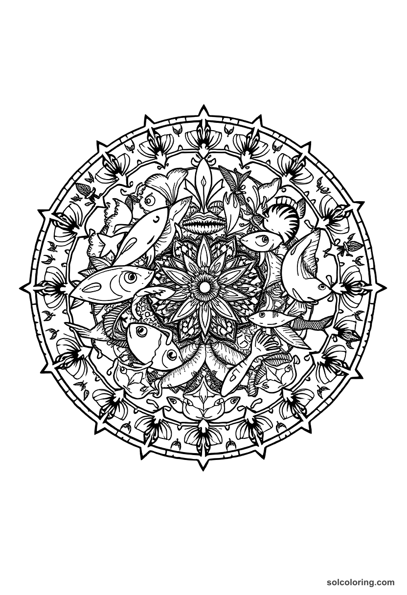 Mandala The fisherman's net full of strange and magical creatures coloring page, free printable mandala style