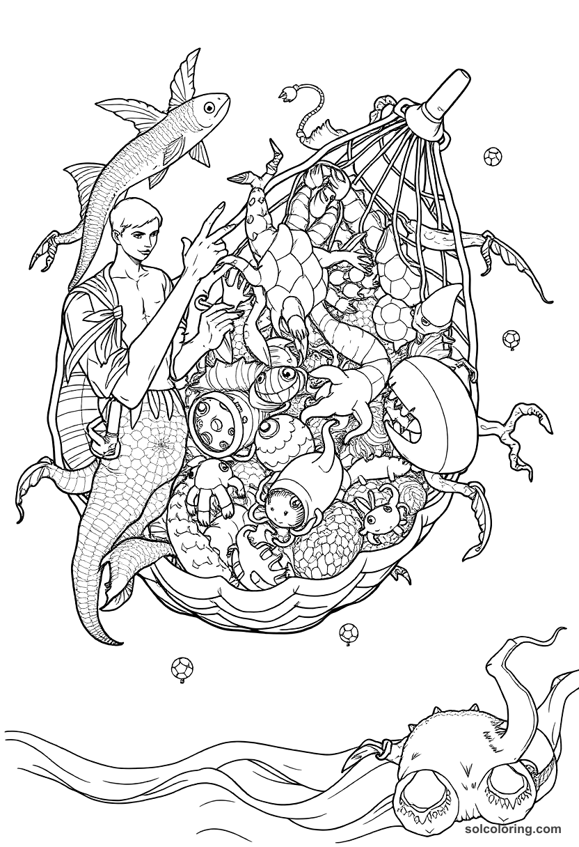 The Fisherman S Net Full Of Strange And Magical Creatures coloring pages