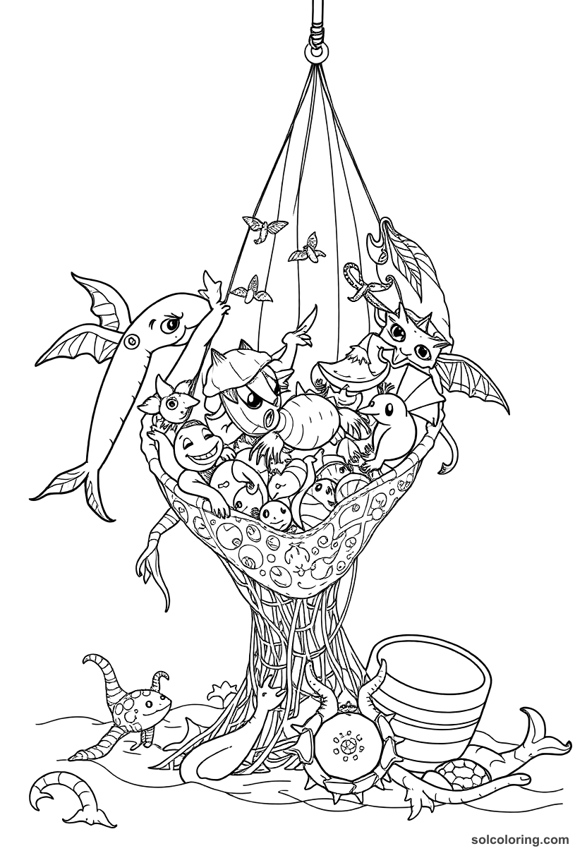 Simple The fisherman's net full of strange and magical creatures coloring page, free printable simple style