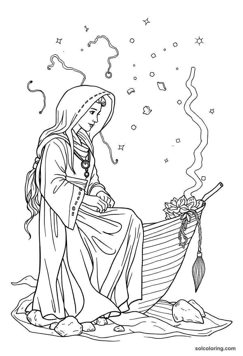 The fisherman's wife transformed by magic coloring page, free printable detailed style