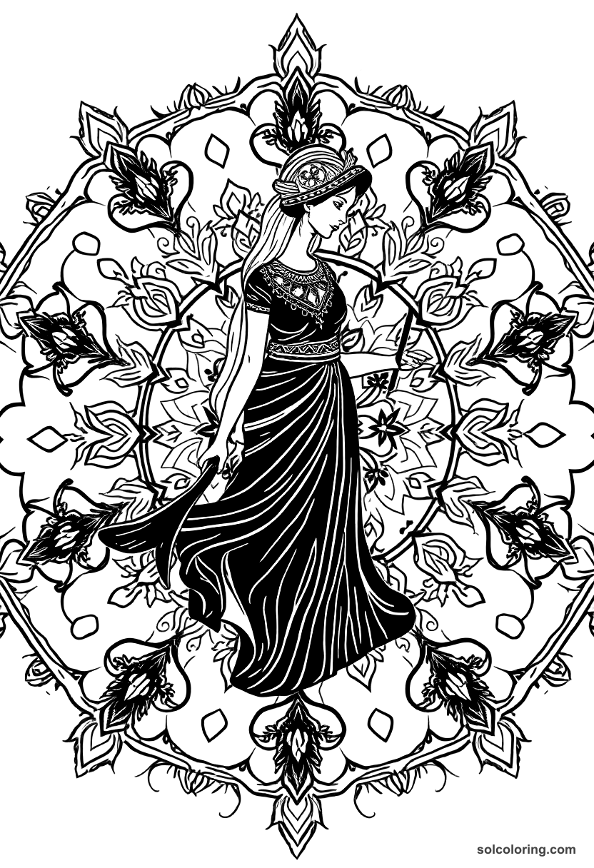 Mandala The fisherman's wife transformed by magic coloring page, free printable mandala style