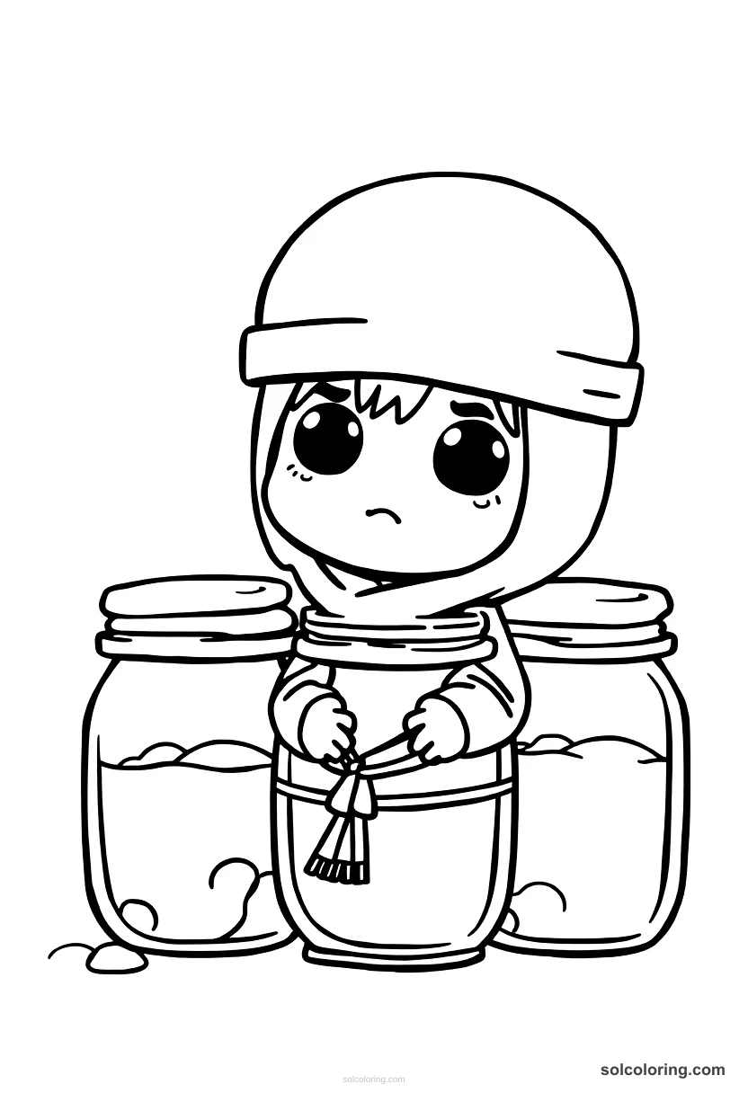 Chibi The forty thieves hiding in oil jars chibi coloring page for kids