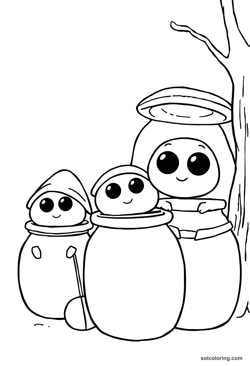 Cute Cartoon The forty thieves hiding in oil jars coloring page, free printable cute cartoon style