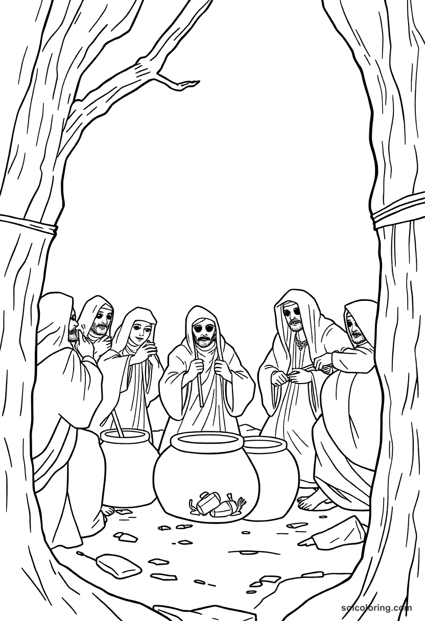 The forty thieves hiding in oil jars coloring page, free printable detailed style