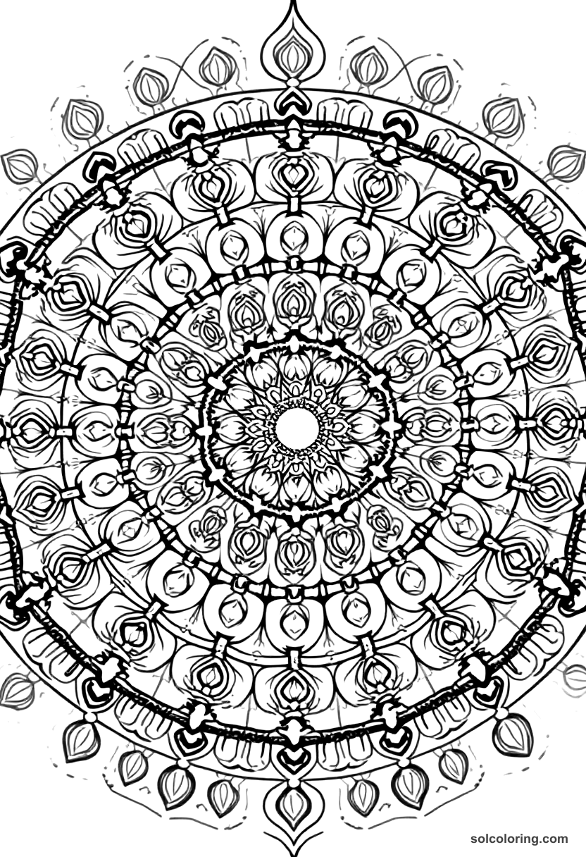 Mandala The forty thieves hiding in oil jars coloring page, free printable mandala style