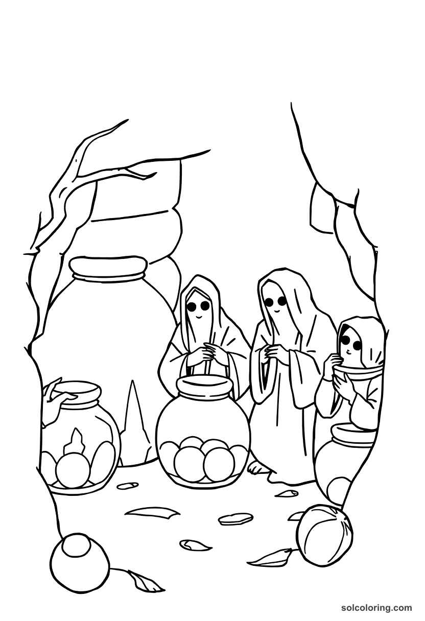 Simple The forty thieves hiding in oil jars coloring page, free printable simple style