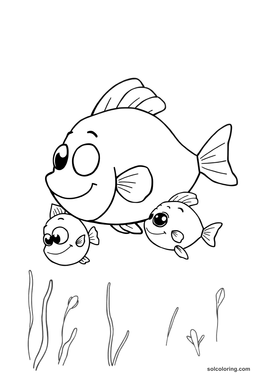 Cute Cartoon The four-colored fish in the enchanted waters coloring page, free printable cute cartoon style