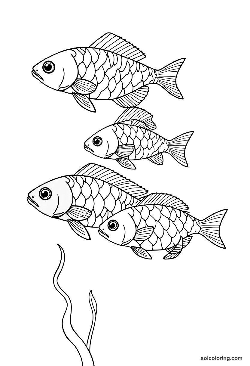 The four-colored fish in the enchanted waters coloring page, free printable detailed style