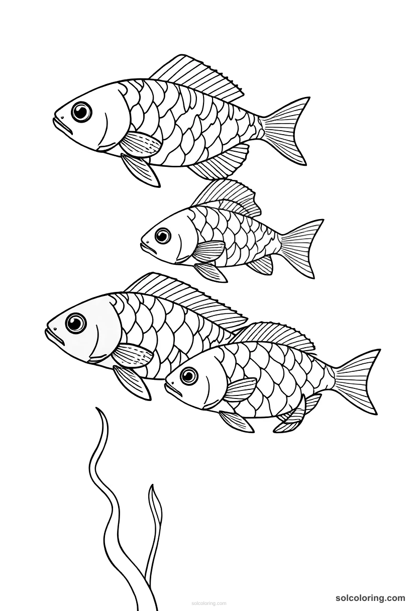 The four-colored fish in the enchanted waters detailed coloring page for kids