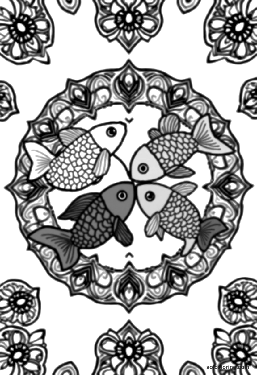 Mandala The four-colored fish in the enchanted waters coloring page, free printable mandala style