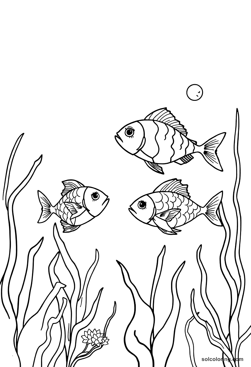 Simple The four-colored fish in the enchanted waters coloring page, free printable simple style