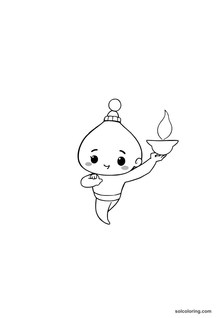 Chibi The genie of the lamp emerging in smoke coloring page, free printable chibi style