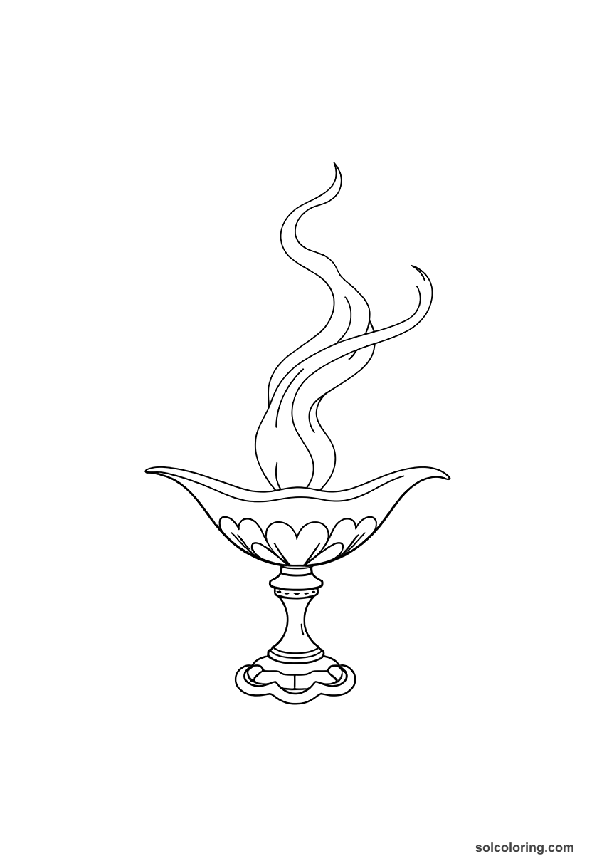 The genie of the lamp emerging in smoke coloring page, free printable detailed style