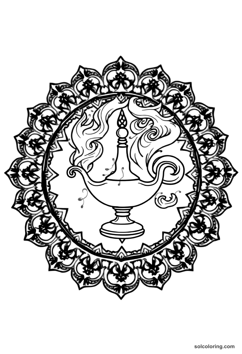 Mandala The genie of the lamp emerging in smoke coloring page, free printable mandala style