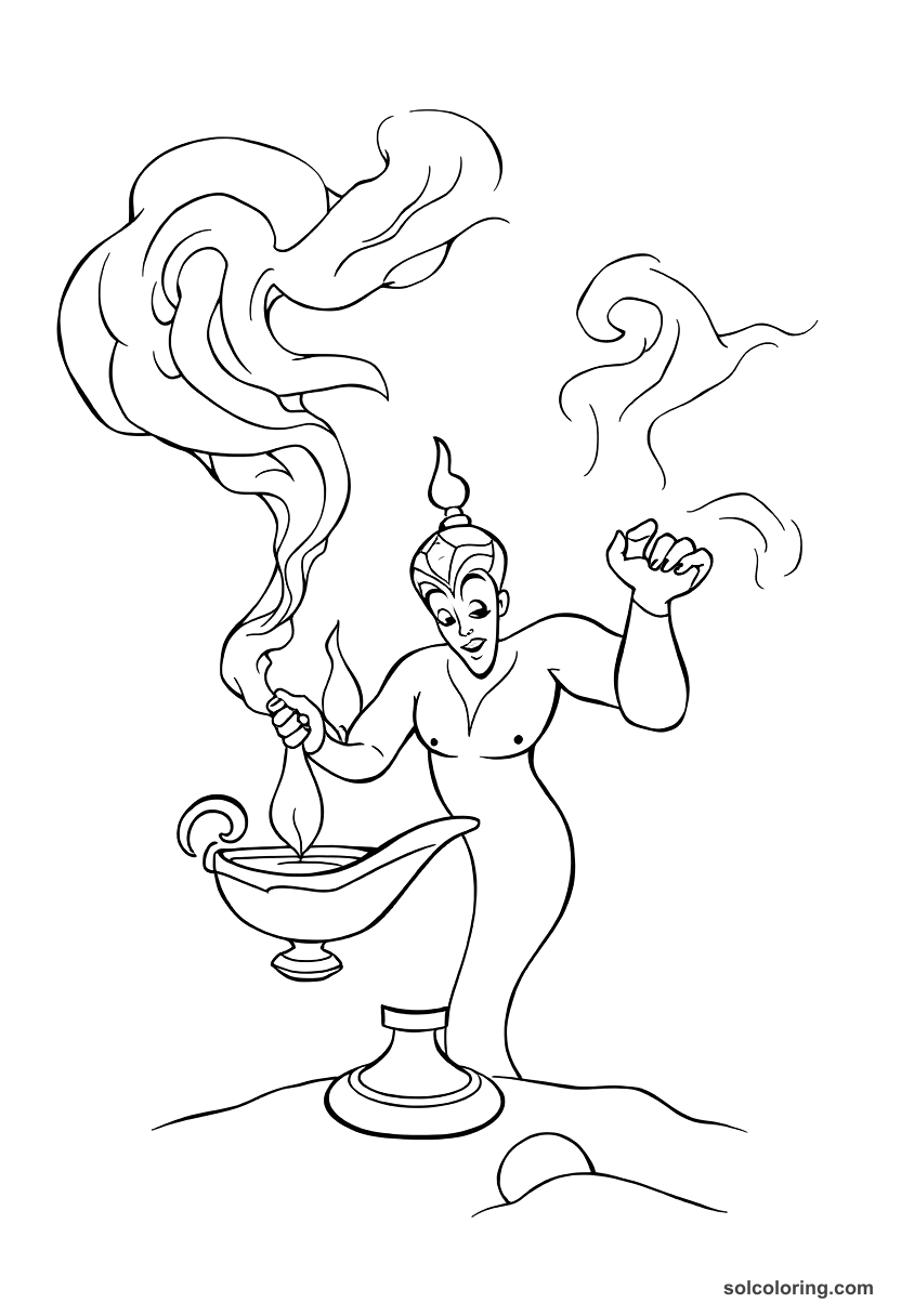 The Genie Of The Lamp Emerging In Smoke coloring pages