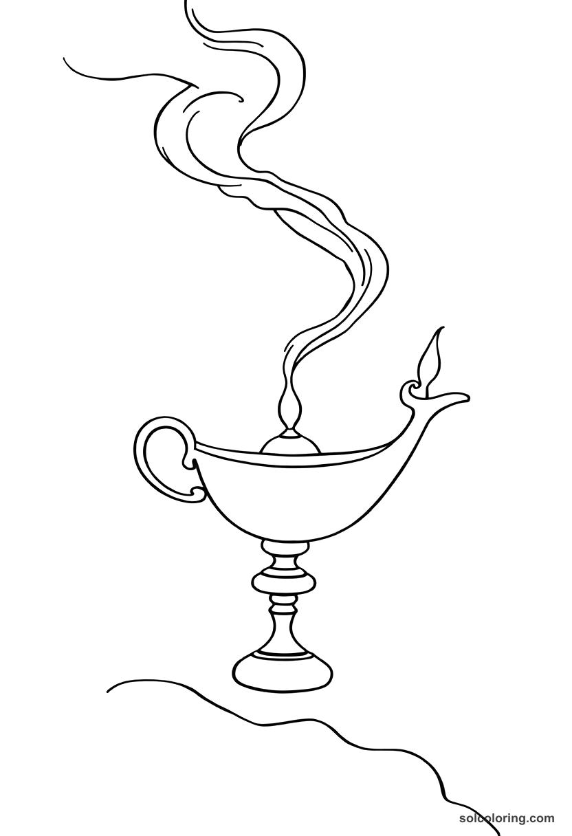 Simple The genie of the lamp emerging in smoke coloring page, free printable simple style
