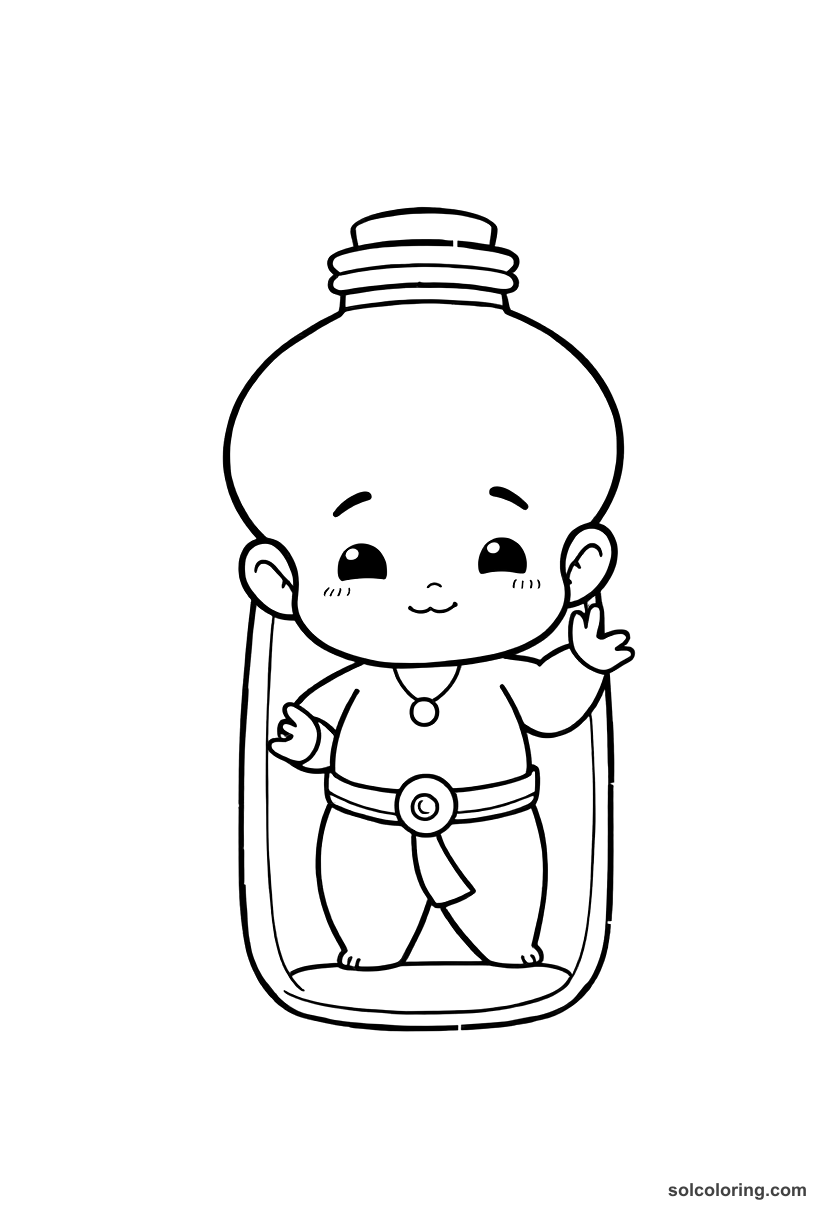 Chibi The genie trapped in a brass bottle coloring page, free printable chibi style