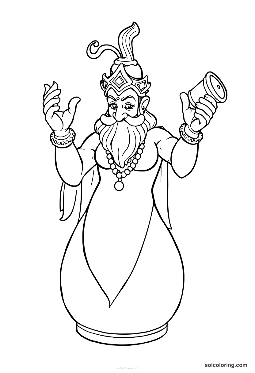 The genie trapped in a brass bottle detailed coloring page for kids