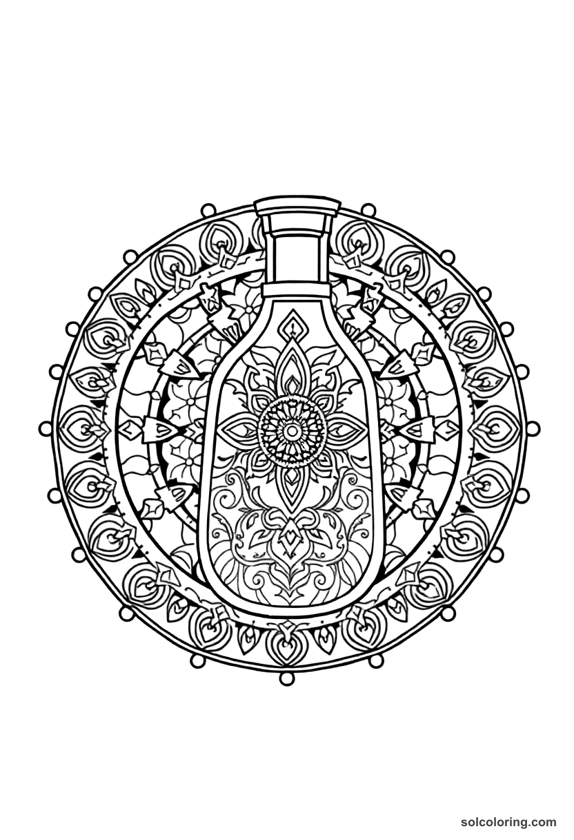 Mandala The genie trapped in a brass bottle coloring page, free printable mandala style