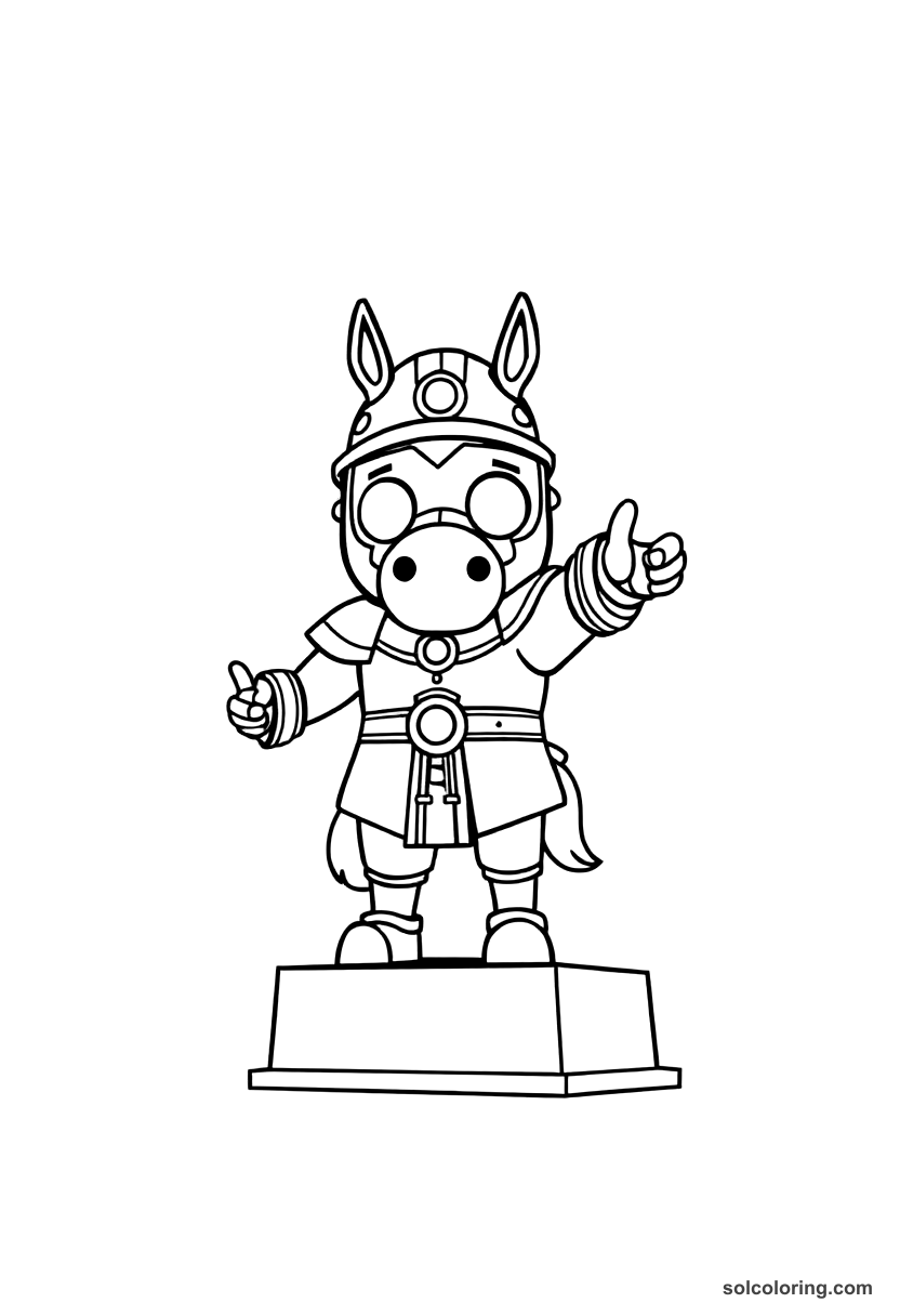 Chibi The giant brass horseman statue pointing toward danger coloring page, free printable chibi style
