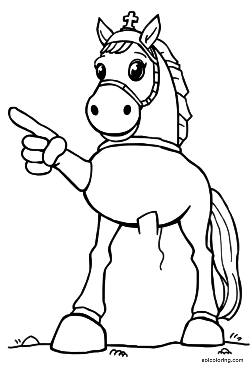 Cute Cartoon The giant brass horseman statue pointing toward danger coloring page, free printable cute cartoon style