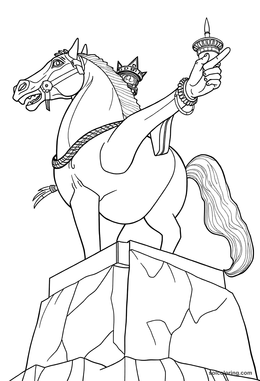 The giant brass horseman statue pointing toward danger coloring page, free printable detailed style