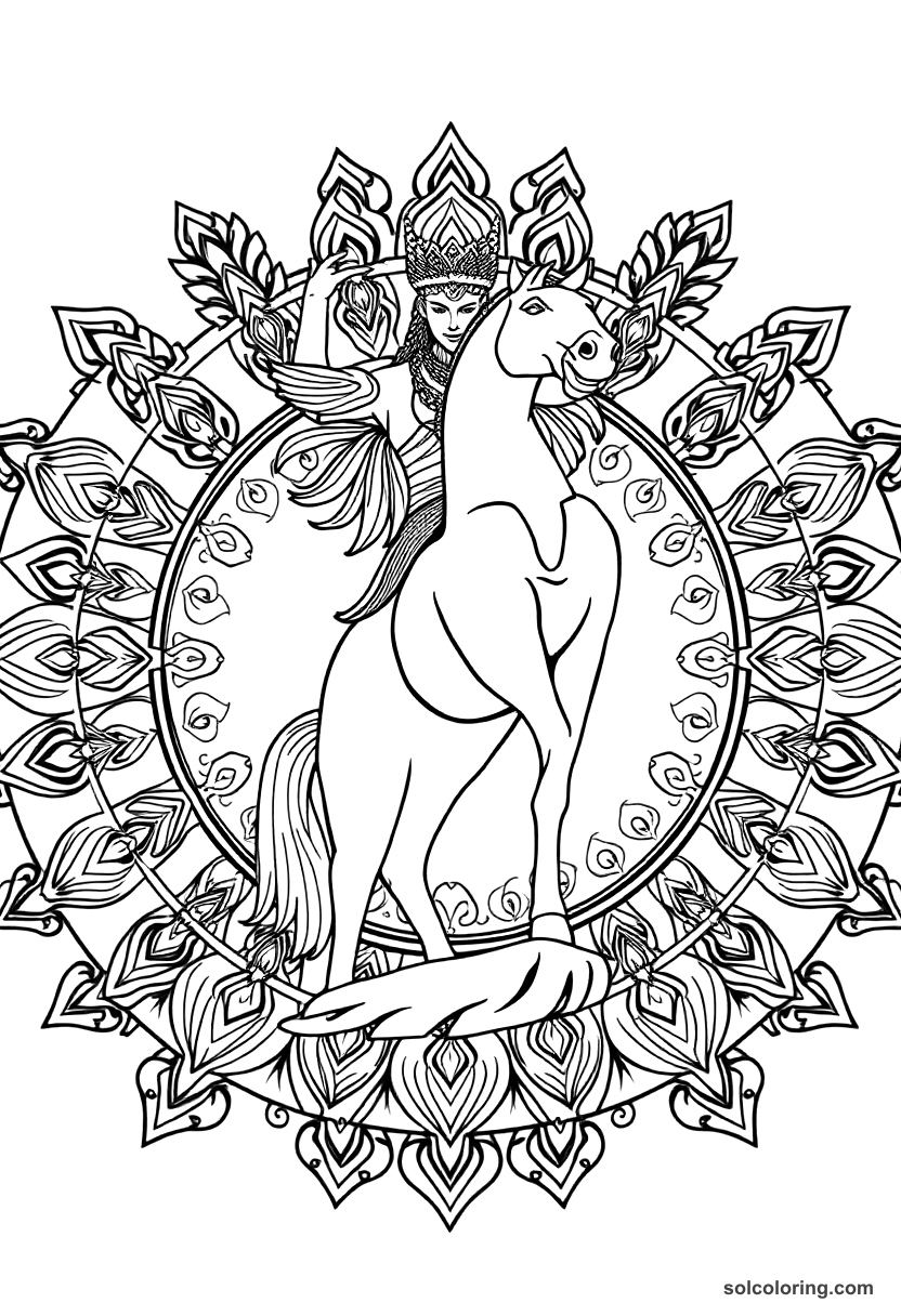 Mandala The giant brass horseman statue pointing toward danger coloring page, free printable mandala style