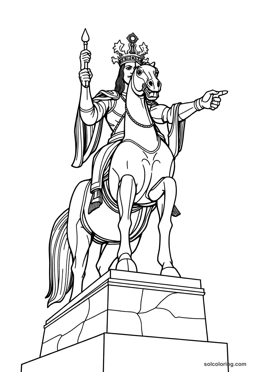 The Giant Brass Horseman Statue Pointing Toward Danger coloring pages