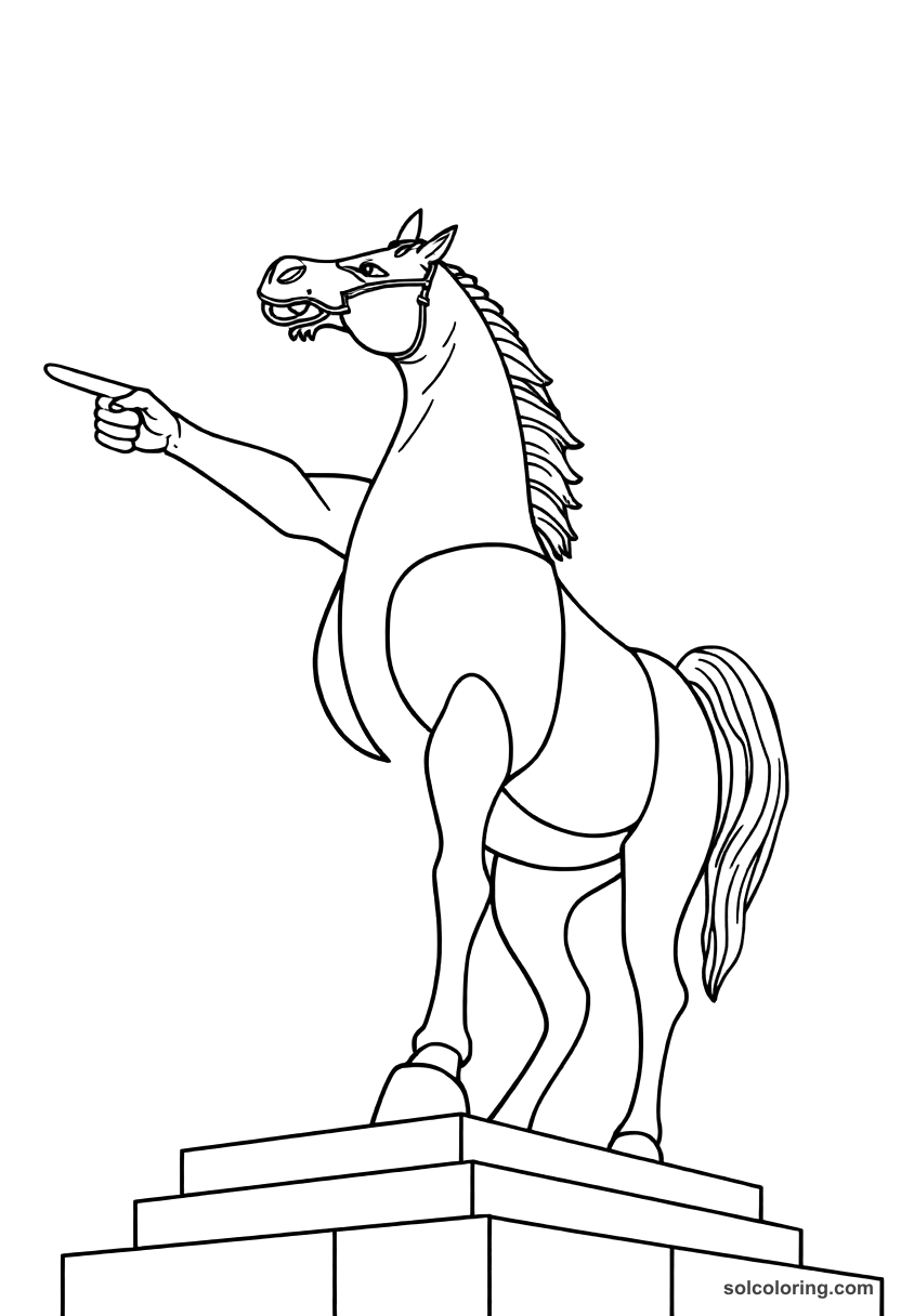 Simple The giant brass horseman statue pointing toward danger coloring page, free printable simple style