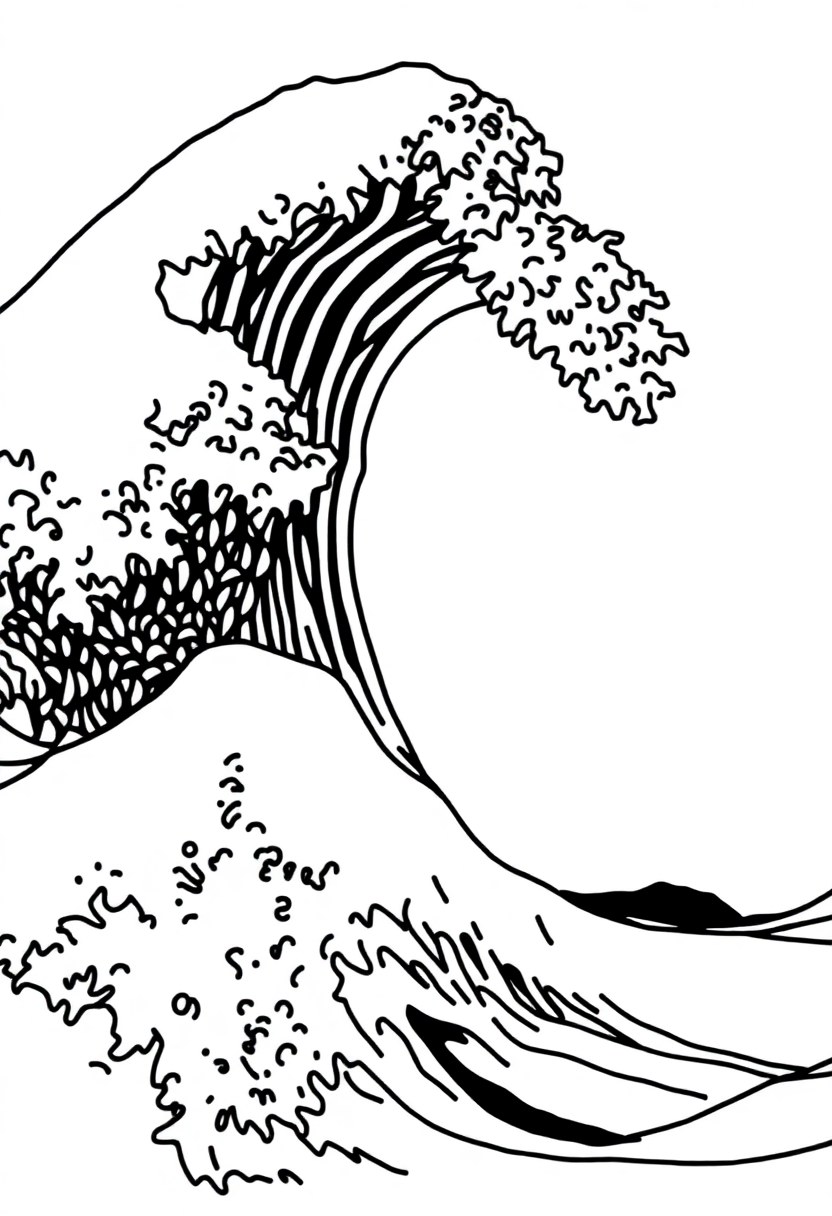 The Great Wave coloring page featuring cartoon-style waves with bold black outlines ready for coloring