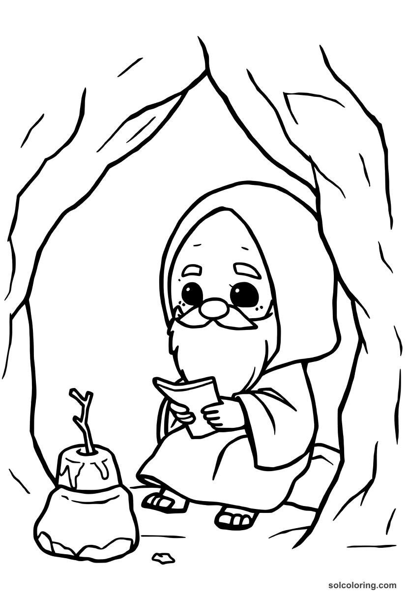 Chibi The hermit in his cave sharing wisdom coloring page, free printable chibi style