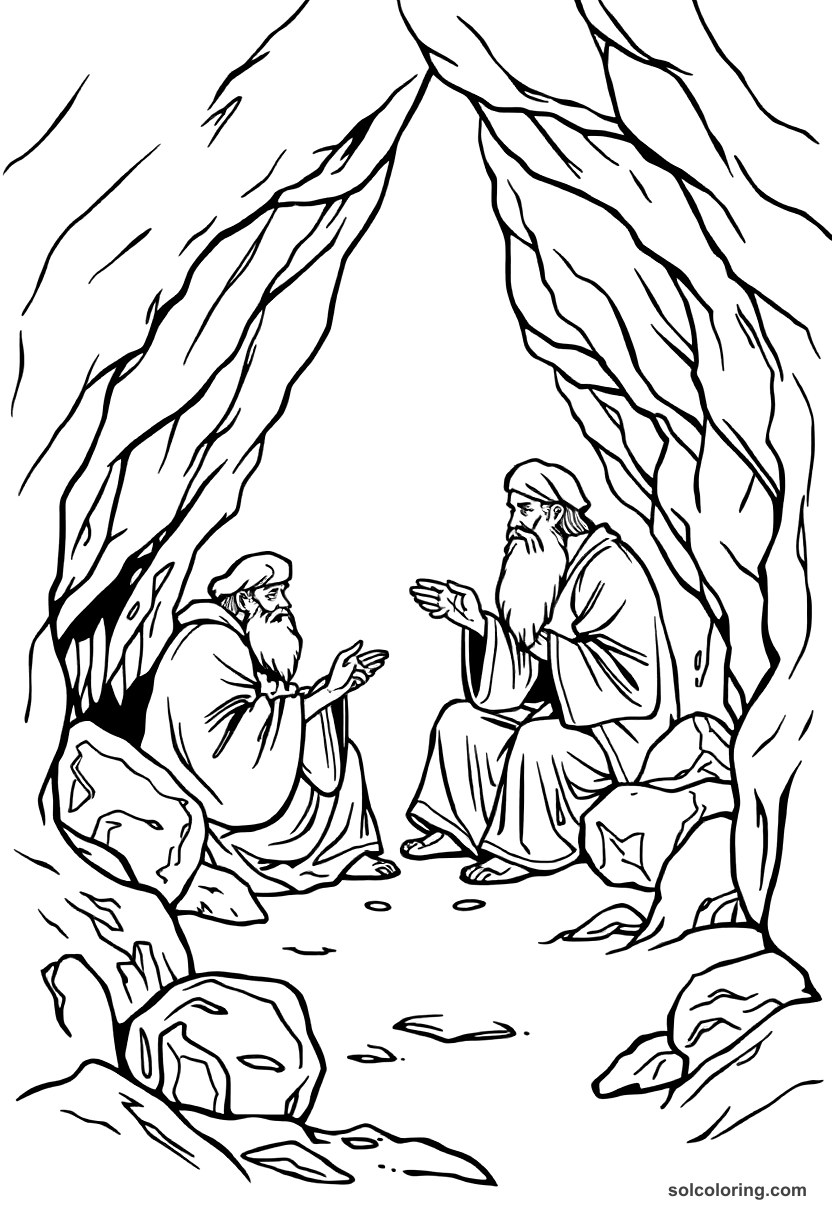 The hermit in his cave sharing wisdom coloring page, free printable detailed style