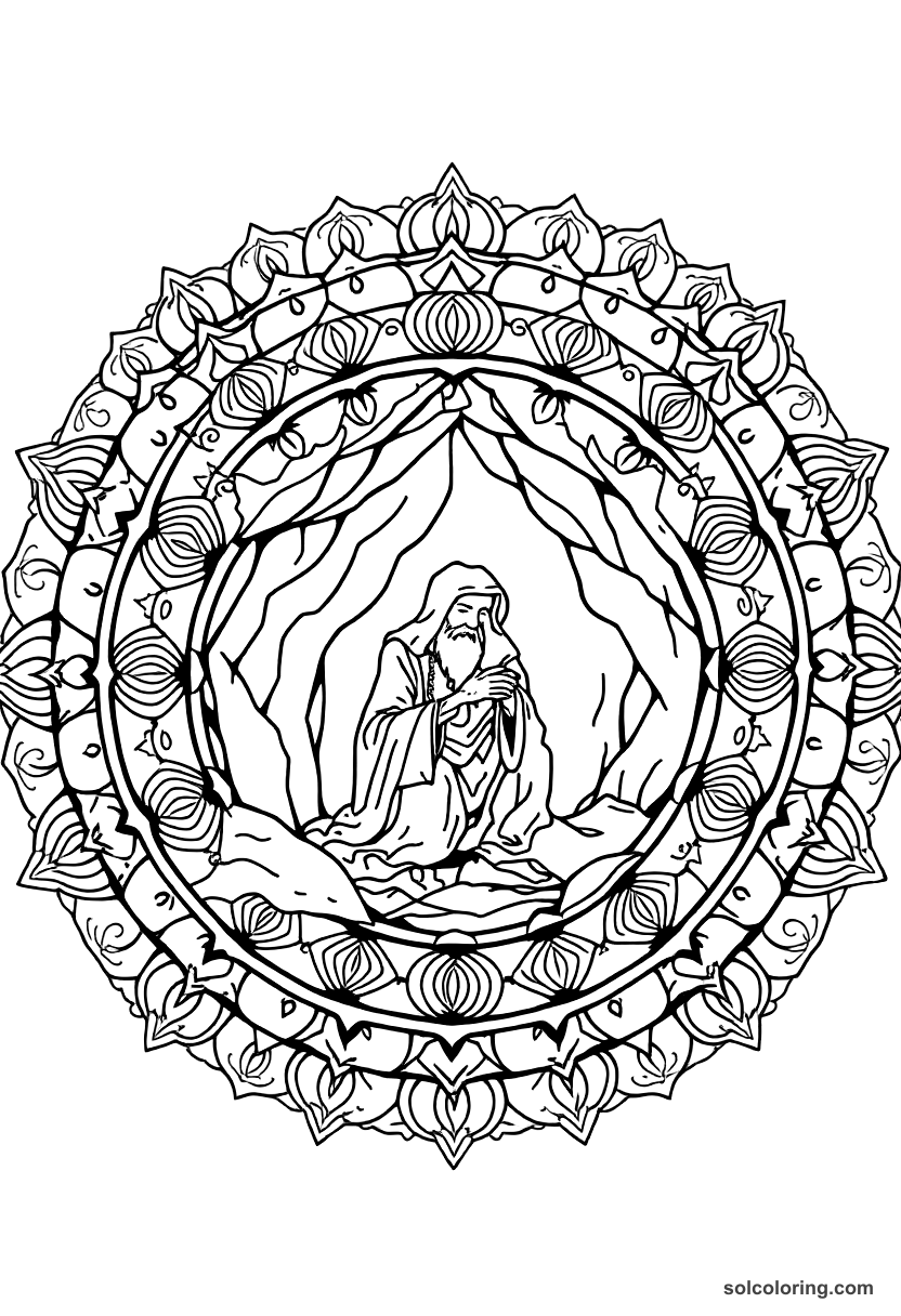 Mandala The hermit in his cave sharing wisdom coloring page, free printable mandala style