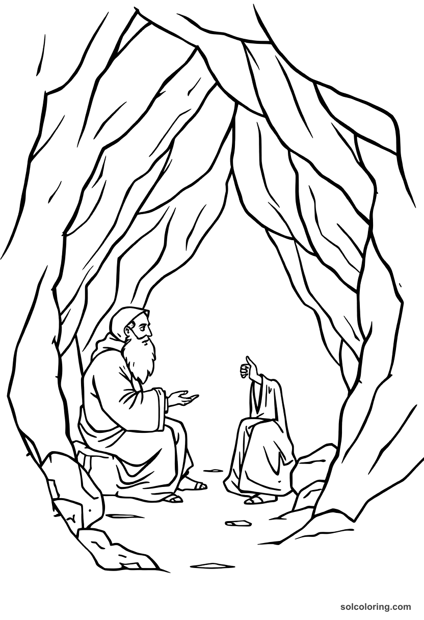 Simple The hermit in his cave sharing wisdom coloring page, free printable simple style