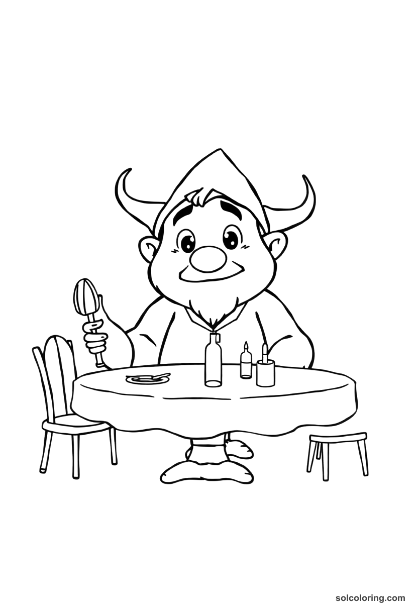 Cute Cartoon The hunchback telling his tale at the dinner table coloring page, free printable cute cartoon style