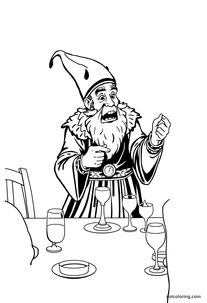 The hunchback telling his tale at the dinner table coloring page, free printable detailed style