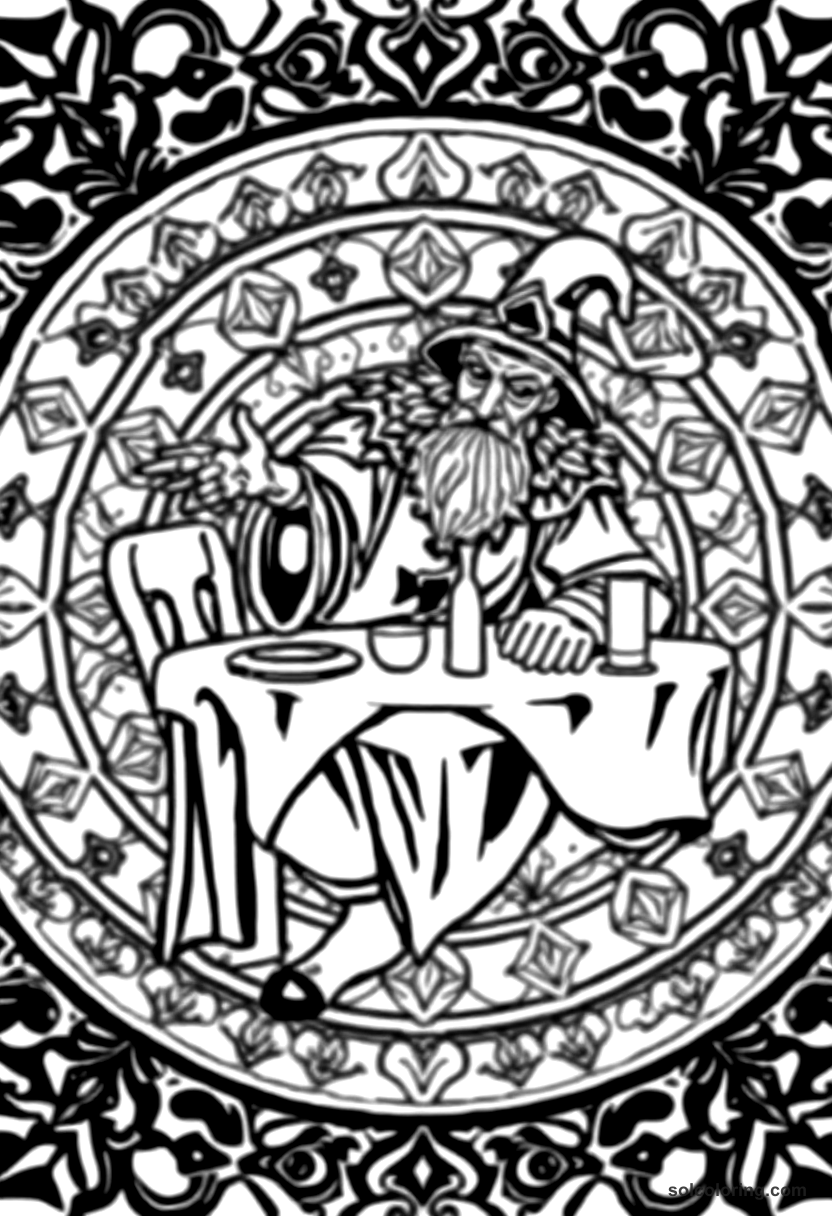 Mandala The hunchback telling his tale at the dinner table coloring page, free printable mandala style