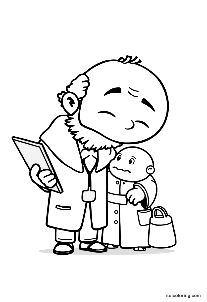 Chibi The Jewish doctor examining the hunchback coloring page, free printable chibi style for kids and adults