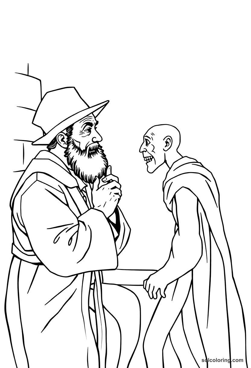 The Jewish doctor examining the hunchback coloring page, free printable detailed style