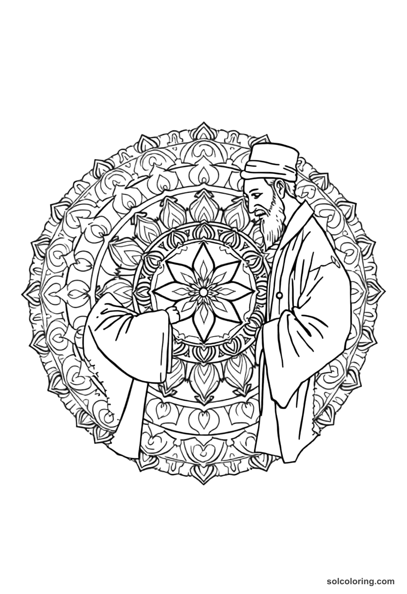 Mandala The Jewish doctor examining the hunchback coloring page, free printable mandala style