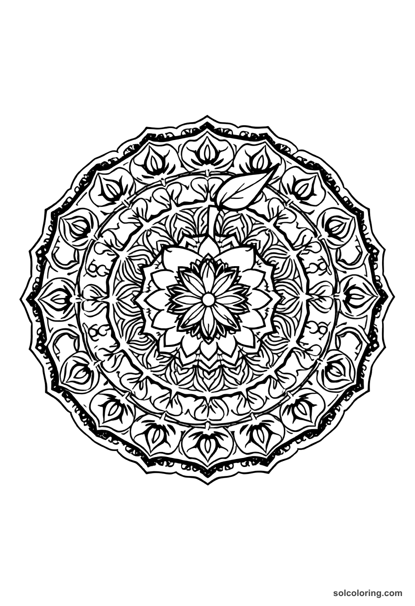 Mandala The magic apple that cures all illness coloring page, free printable mandala style