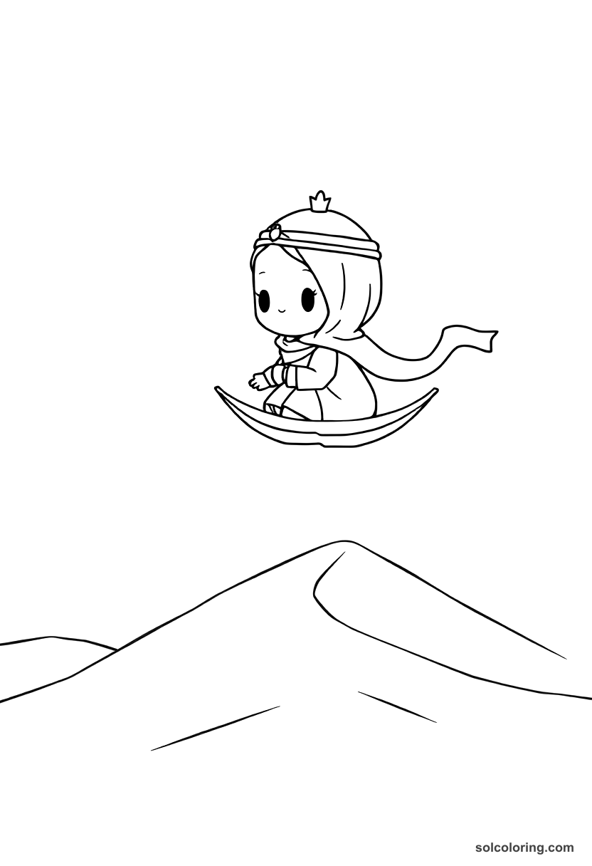 Chibi The magic carpet soaring over desert dunes coloring page, free printable chibi style